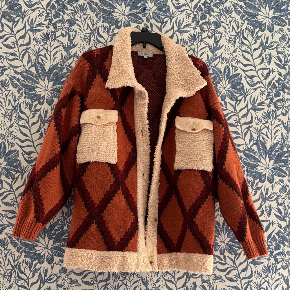 Vici- Polagram Rust Brown Diamond Knit Jacket with Cream Sherpa Trim